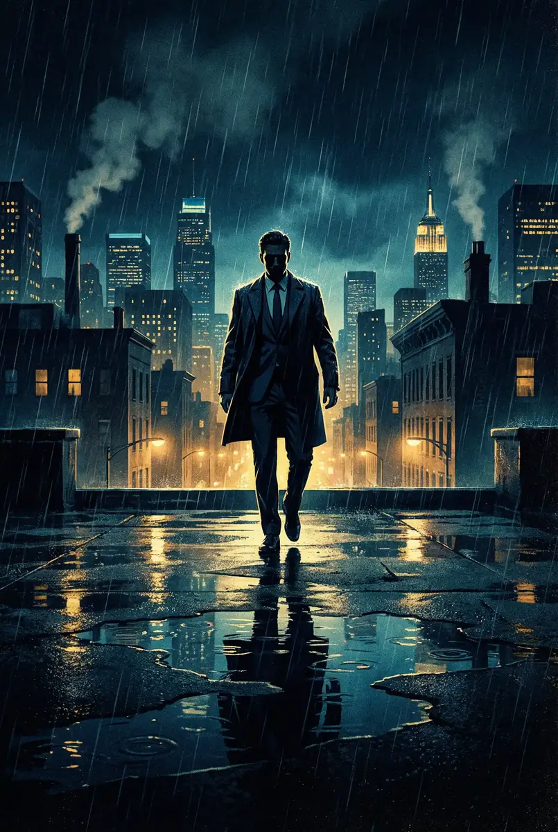 电视剧门第在线观看 出品影片《雨夜独行者》海报，雨中城市屋顶男性剪影